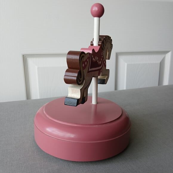 Vintage Handmade Wooden Carousel Horse Music Box pink "Dancer" 5"diameter 7.5"H - Picture 3 of 11